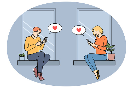 Couple sitting on windowsills texting online on cellphones. Man and woman in love message on internet on smartphones. Web dating. Vector illustration.