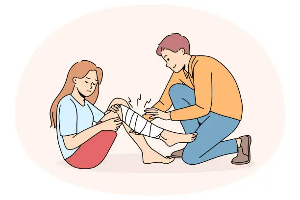 Vector illustration of Man give first aid to small girl