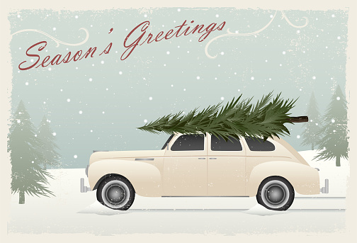 A vintage car with a Christmas tree on top, greeting card style with grunge texture