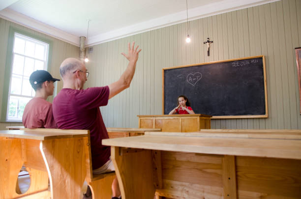 An old class room in black and white in Japan.
