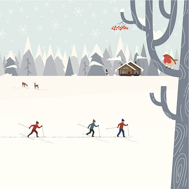 Cross-country skiing Three men skiing in the forest. Winter landscape with forest, deers, snowman and chalet house. Tree with berries and robin bird at the front. snow skiing stock illustrations