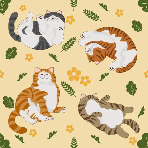 Vector illustration of Cute cat vector cartoon flowers leave seamless patterns and backgrounds.