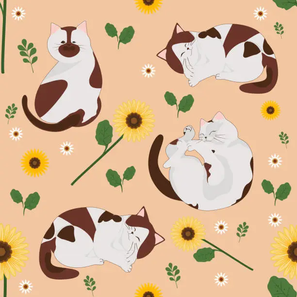 Vector illustration of Cute cat vector cartoon sunflower lily flower leaves seamless pattern and background.