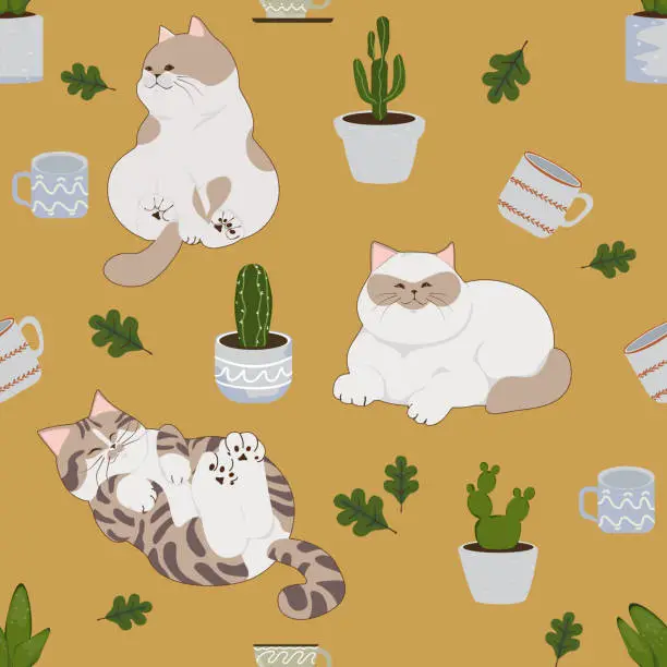 Vector illustration of Pattern cartoon cute cat vector potted cactus, leaves, seamless pattern, and background.