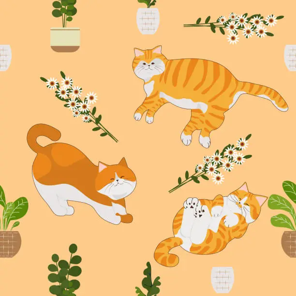 Vector illustration of Pattern cartoon vector cute cat flower pot leaves seamless pattern and background.