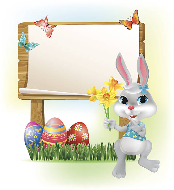ilustrações de stock, clip art, desenhos animados e ícones de placa de madeira com o coelhinho da páscoa - easter bunny inflorescence nature composition