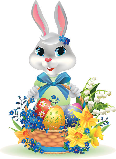 ilustrações de stock, clip art, desenhos animados e ícones de coelhinho da páscoa com cesta de ovos - easter bunny inflorescence nature composition