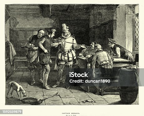 istock Braggart soldier showing off his sword, Captain Bobadil from Ben Jonson's play Every Man in His Humour 1592559879