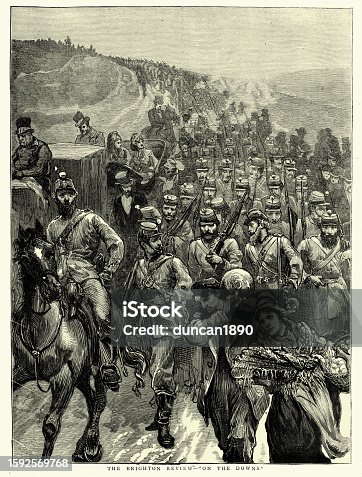 istock The Brighton Review, On the Downs, British army infantry soldiers on the march, 1870s, Miltary history 1592569768