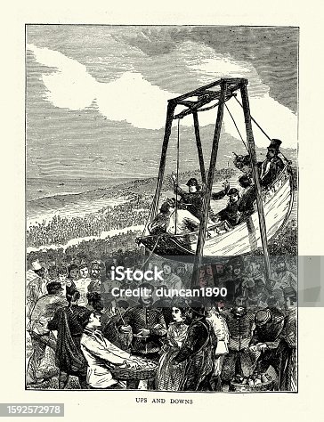 istock Victorian swing boat fairground ride, Sketches from the Volunteer review at Brighton, 1872, 19th Century 1592572978