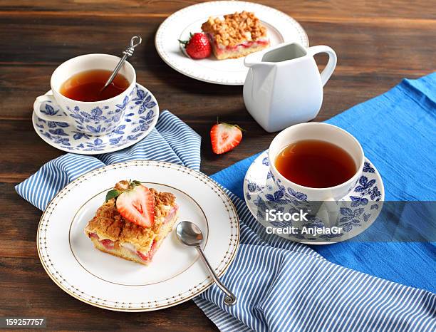Strawberry Cake And Two Cup Of Tea Stock Photo - Download Image Now - Backgrounds, Baked, Baked Pastry Item