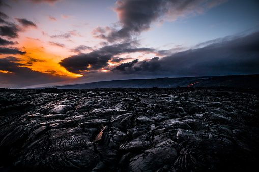 Volcanic Lava Rock Landscape Beautiful Moody Sunset in Kona Hawaii. Has a Very Alien, Other Worldly Feel and Setting. Copy Space. Apocalyptic.