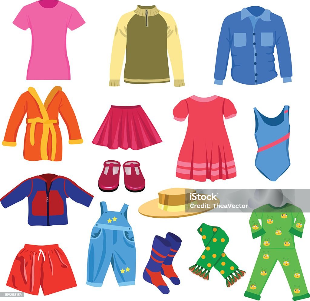 Several Clothing Items On A White Background Stock Illustration - Download  Image Now - Child, Clothing, Bib Overalls - iStock