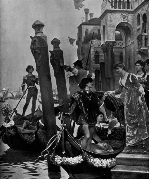 fête in venice 15th century/morning of a day of feast in venice on xv century/morning in venice/morning of the carnival of venice, painting by jacques clement wagrez - 19th century - gondolier engraving engraved image illustration and painting stock illustrations