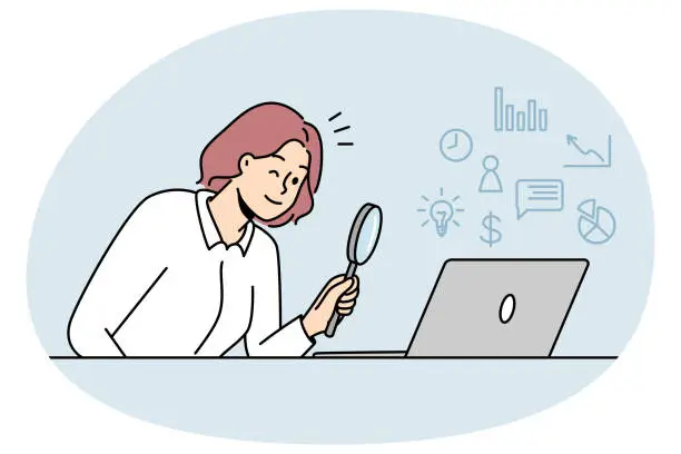 Vector illustration of Woman looking at laptop with magnifier