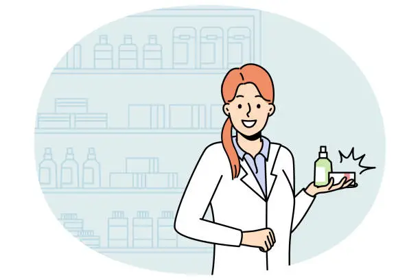 Vector illustration of Female pharmacist in drugstore