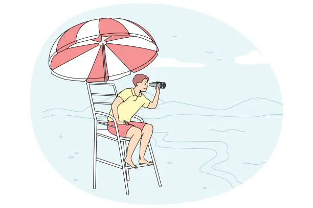 Vector illustration of Male lifeguard on tower on beach
