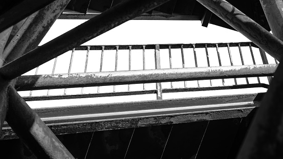 black and white metal architecture of a view point tower interior, heavy construction texture