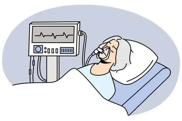 Vector illustration of Mature woman breathing with ventilating machine