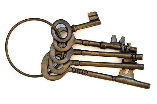 Old set of five old keys, white background with copy space, full frame horizontal composition