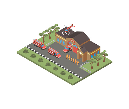 Fire Station, fire department. Isometric Vector illustration.