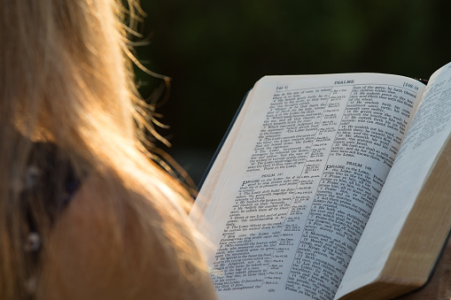 Looking Over Mature Woman's Shoulder Holding Bible Reading Psalms Word Closeup Golden Yellow Sunlight Outdoors Natural Light Christianity God Jesus Church Image