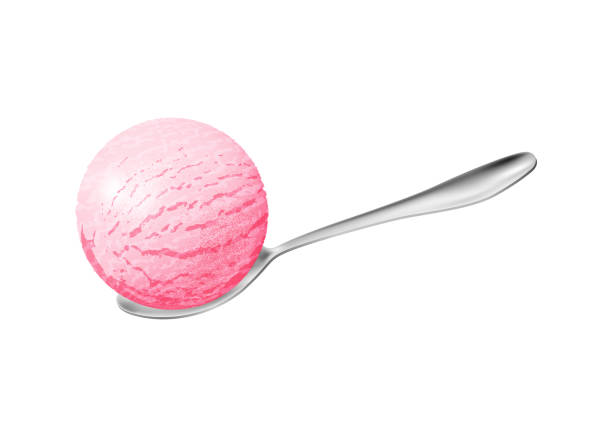 istock Realistic ice cream illustration. Pink ice cream ball in spoon with raspberry, cherry flavor. Delicious summer dessert in 3D vector design. For product packaging and advertising 1592659724