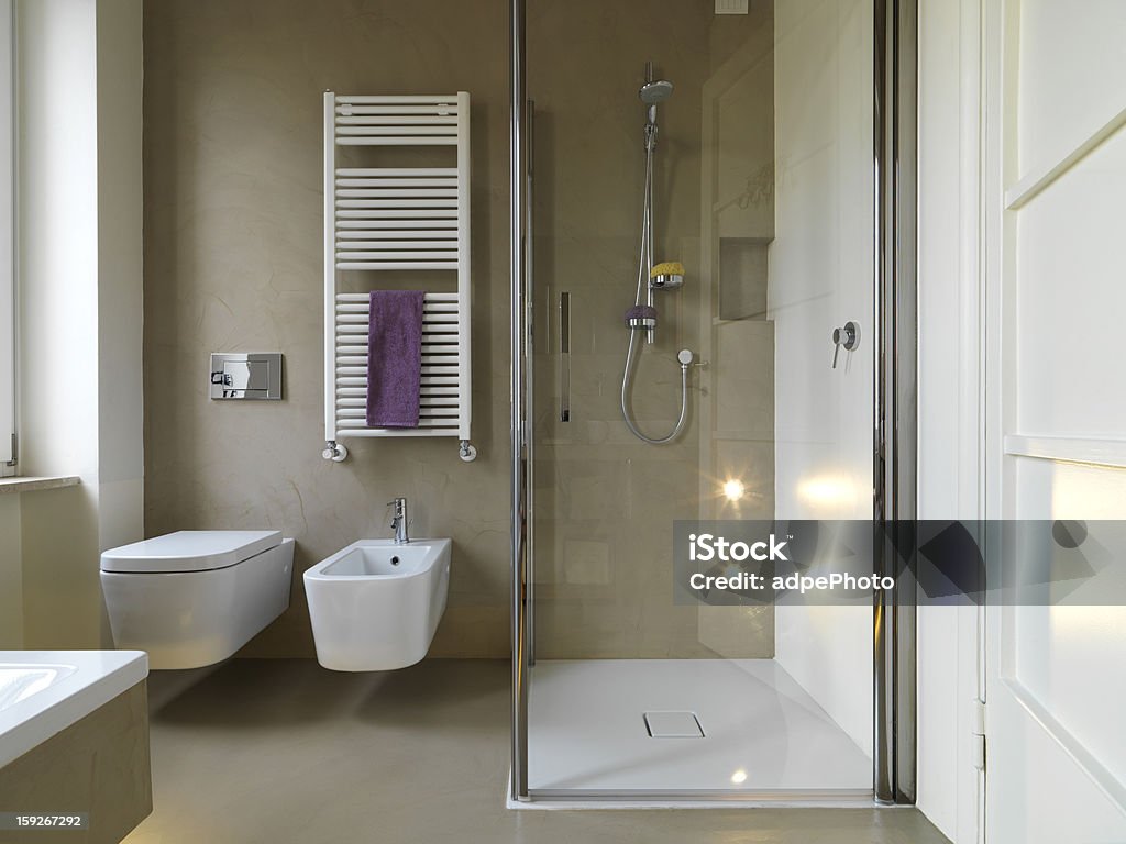 modern bahtroom with shower cubicle glass shower cubicle near to sanitary ware in a modern bathroom and radiator Shower Stock Photo