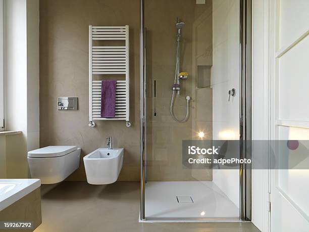 Modern Bahtroom With Shower Cubicle Stock Photo - Download Image Now - Shower, Screen Door, Flooring
