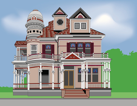 Very ornate historic home. AI vs 10 and large 300 dpi jpg included. Gradient mesh used for sky.