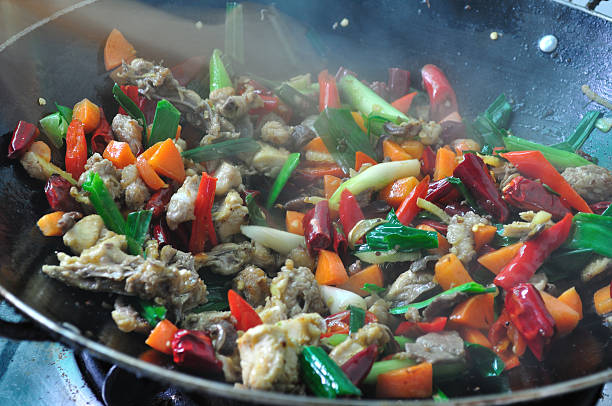 stir frying chicken and vegetable in wok