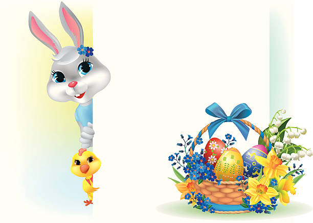 ilustraciones, imágenes clip art, dibujos animados e iconos de stock de fondo de pascua con conejo y la cesta - easter bunny inflorescence nature composition