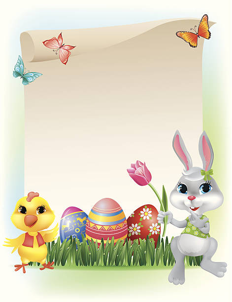 ilustraciones, imágenes clip art, dibujos animados e iconos de stock de fondo de pascua con conejo y pollo - easter bunny inflorescence nature composition