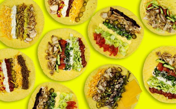 Shawarma wrap pattern. Set of different types of shawarma rolls with various types of meat , vegetables, salad and other ingredients and toppings on yellow background. Fastfood background, creative
