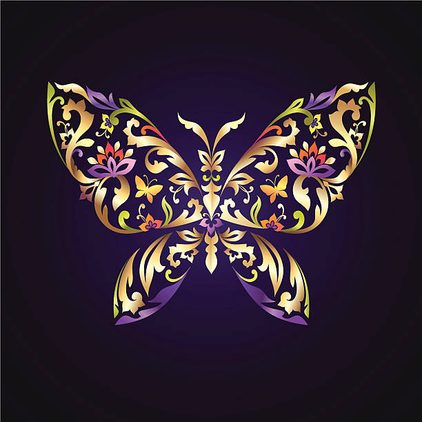 abstrakt schönen schmetterling mit zarten kunstvollen muster - gold leaf backgrounds gold ornate stock-grafiken, -clipart, -cartoons und -symbole