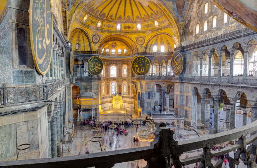 Hagia Sophia museum interior, famous landmark of Istanbul, Turkey. It was a Byzantine basilica built 537 A.D., it was world's largest cathedral for nearly a thousand years.