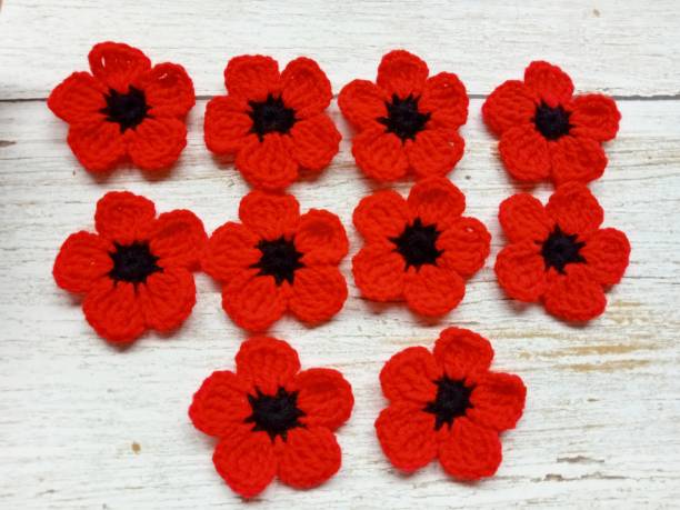 istock Crochet Daisy Pattern Fall Autumn Leaves Flowers Multi-color Handmade Background Texture 1592787593