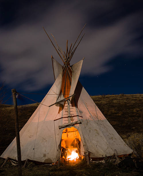 Night photograph of a Native American teepee with a fire