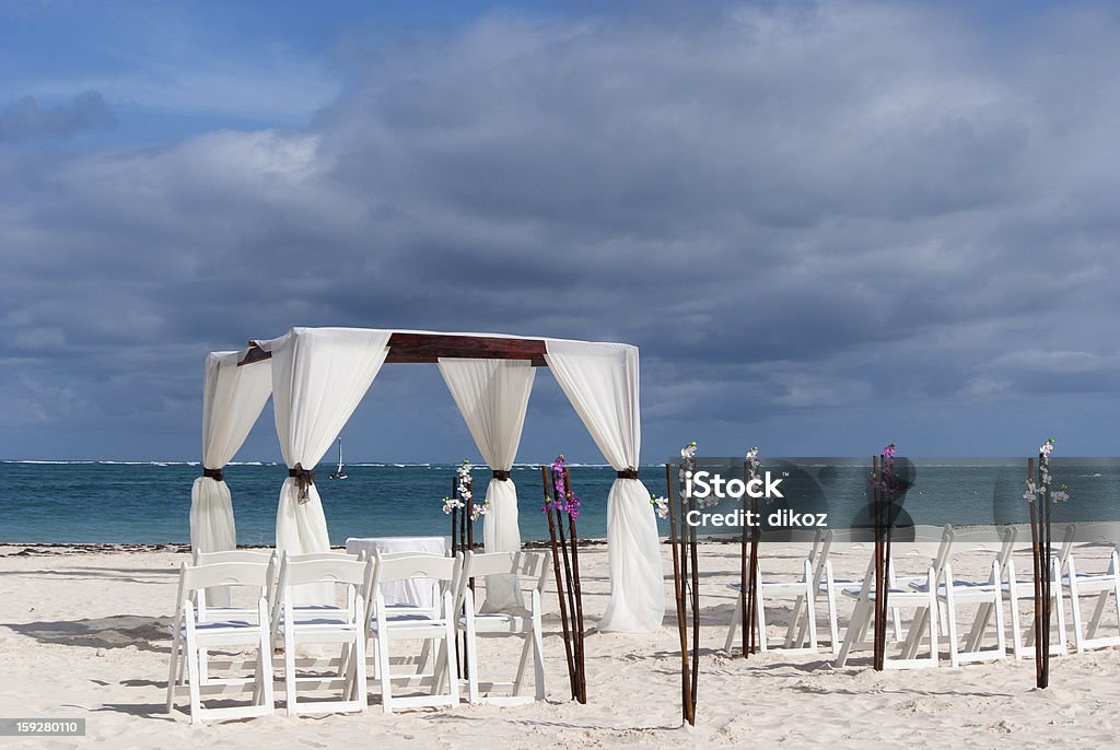 Wedding pavilion on the caribbean beach Tropical settings for a wedding on a caribbean beach Altar Stock Photo