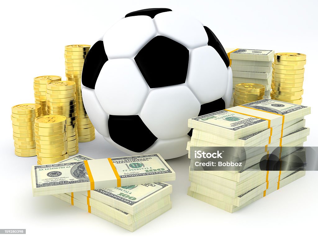 Bet Sports betting concept - Soccer ball with banknotes and coins - 3D render Currency Stock Photo