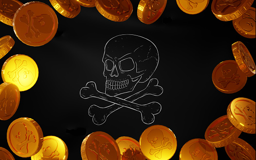 3d render illustration of pirate flag with skull and bones and a lot of pirate golden coins around it.