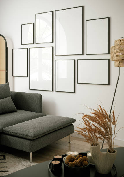 istock Stylish living room interior with mock up poster frame 1592835475