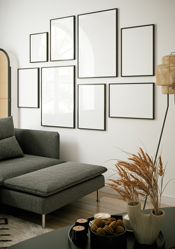 Stylish living room interior with mock up poster frame, 3d render