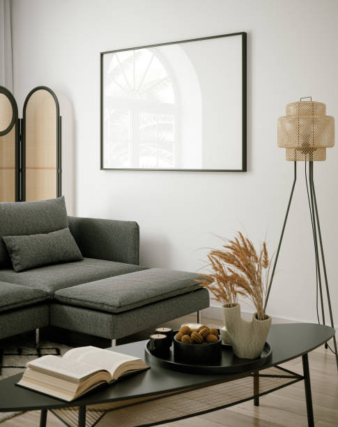 istock Stylish living room interior with mock up poster frame 1592835476