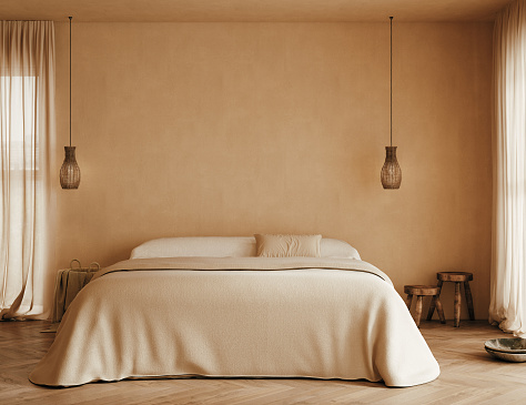 Cozy beige Japandi bedroom interior, 3d render