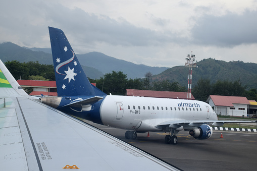 Photo from inside the plane of the apron of Presidente Nicolau Lobato International Airport, Dili City, Timor Leste on February 22, 2023