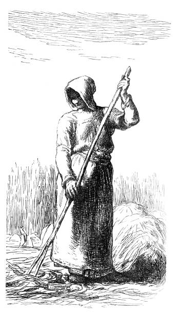 istock Woman with rake on wheat field crayon drawing from Millet 1592866624