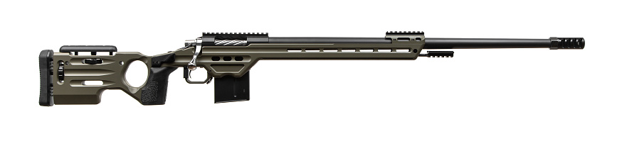Modern sniper rifle on a lightweight aluminum chassis. Long range bolt action weapon. Isolate on a white background.