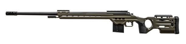 istock Modern sniper rifle on a lightweight aluminum chassis. Long range bolt action weapon. Isolate on a white background. 1592875986