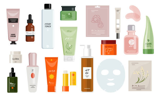 illustrations, cliparts, dessins animés et icônes de ensemble de soins de la peau coréen - produit de beauté